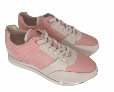 Rosa og hvit sneakers med sølv stripe